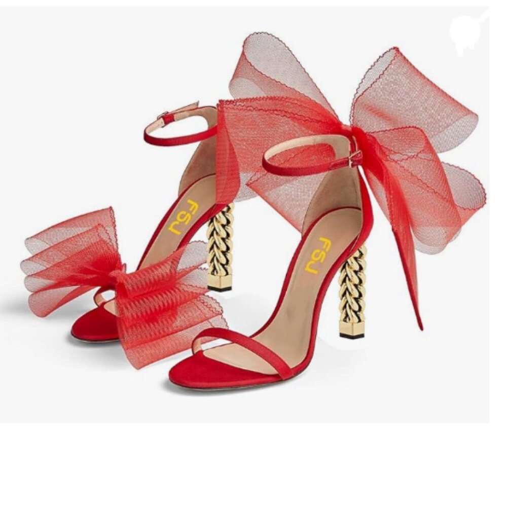 FSJ Red Mesh Gold Metal Chain Chunky High Heels Ankle Strap Open Toe Sandals